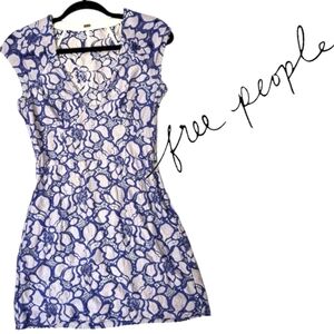 Free People Crochet Overlay Bodycon Mini Dress Blue Gray Cap Sleeves Lined Sz XS